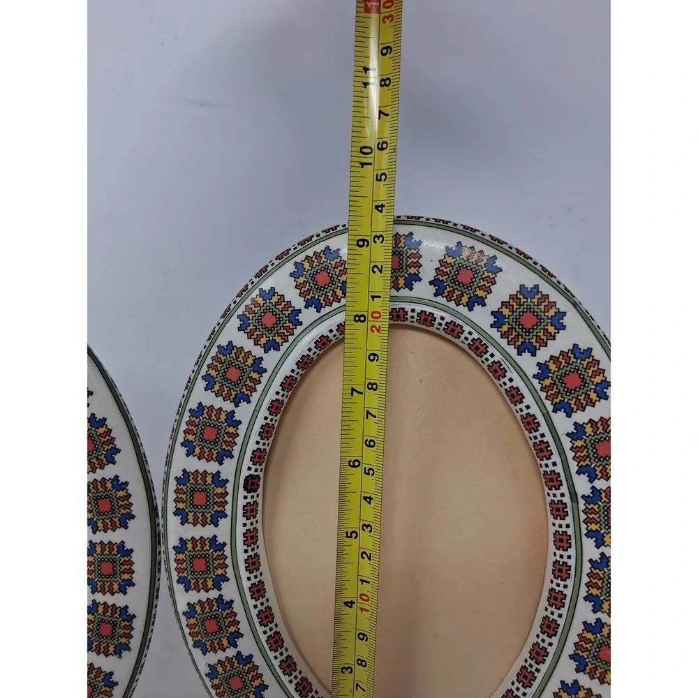 Vintage Folk Art Style Oval Picture Frames Set of 2 Geometric Mosaic Pattern